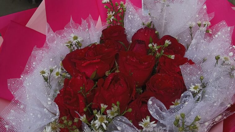 Bouquet de roses rouges posé sur une table claire, illustrant le langage des fleurs et les quiz amoureux