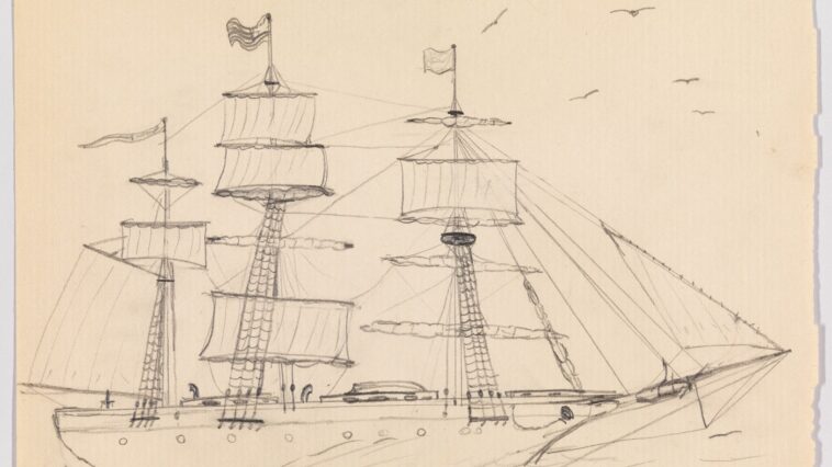 Vieux navire à voile sur une mer agitée, évoquant le naufrage du Batavia au XVIIe siècle