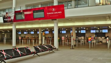 Comptoir d'enregistrement d'un aéroport avec des voyageurs et des valises, illustrant une règle bagages en cabine